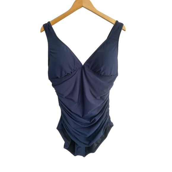 J Crew Ruched V Neck Navy Blue Full Low Cut Leg UPF 50 One Piece Swim Size 16 - Picture 5 of 8